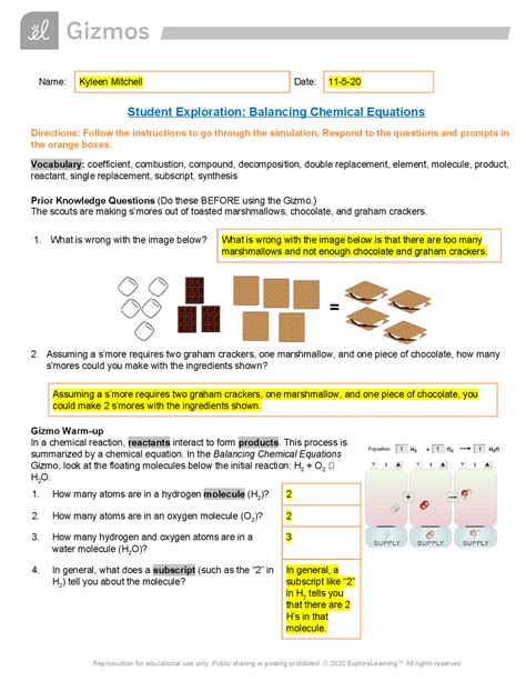 balancing chemical equations worksheet answers gizmo